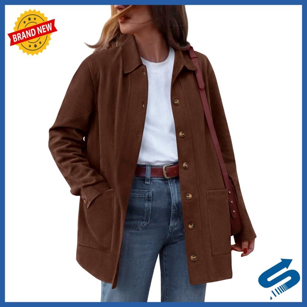 Faux Suede Jacket Women Long Sleeve Button Down Winter Coat Shacket